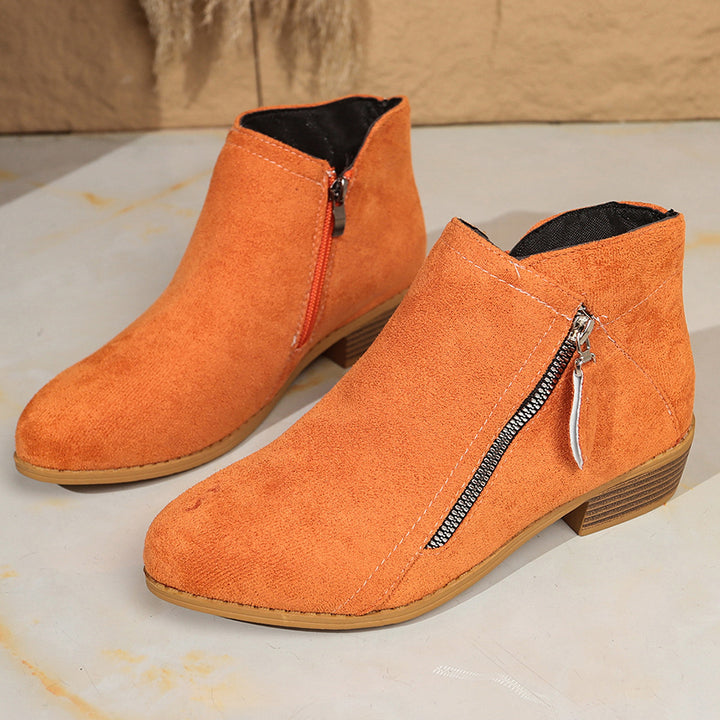 Damen Moderne Kurzschaft-Stiefelette mit sichtbarem Metallreißverschluss und niedriger Holzoptik-Blocksohle – Varelle