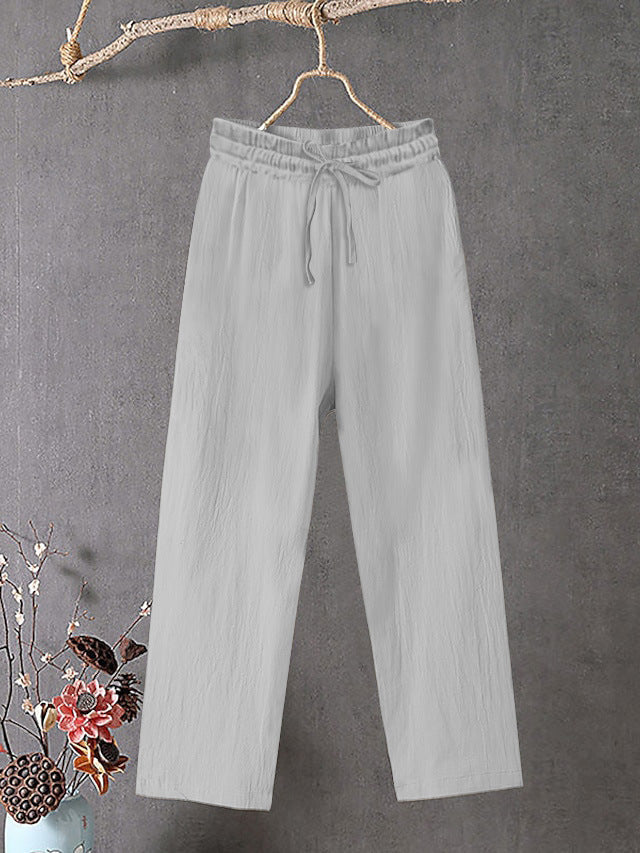 Damen Crinkle Leinenmischung Hose mit elastischem Kordelzug, gerade Beinform und lässiger Passform – Avélisse