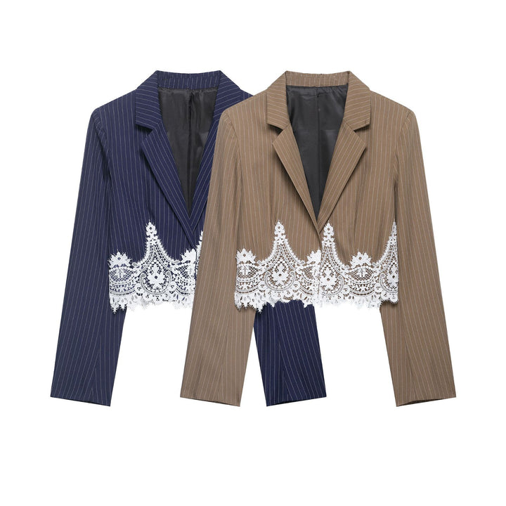 Damen Cropped Nadelstreifen-Blazer mit Spitzenbesatz und taillierter Silhouette Echo Archiv