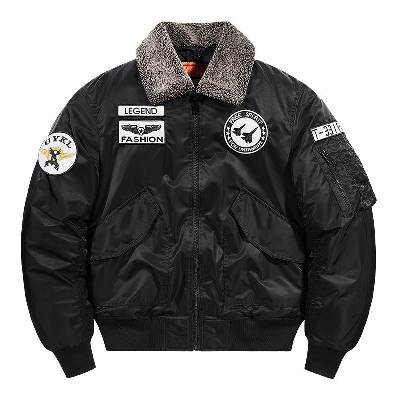 Herren -isolierte Pilot-Aviator-Bomberjacke mit Kunstschaffellkragen, Patches, Applikationen und einer Utility-Tasche am Ärmel Echo Archiv
