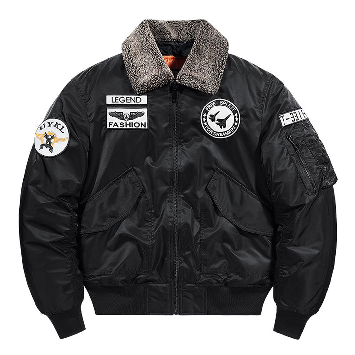 Herren -isolierte Pilot-Aviator-Bomberjacke mit Kunstschaffellkragen, Patches, Applikationen und einer Utility-Tasche am Ärmel Echo Archiv