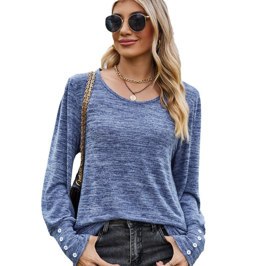 Damen Lässiges Langarmshirt mit Knopfmanschetten und weitem Rundhalsausschnitt Echo Archiv