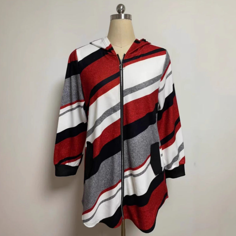 Damen nan Longline-Kapuzenjacke mit diagonalem Streifenmuster, Ringreißverschluss und Seitentaschen Echo Archiv