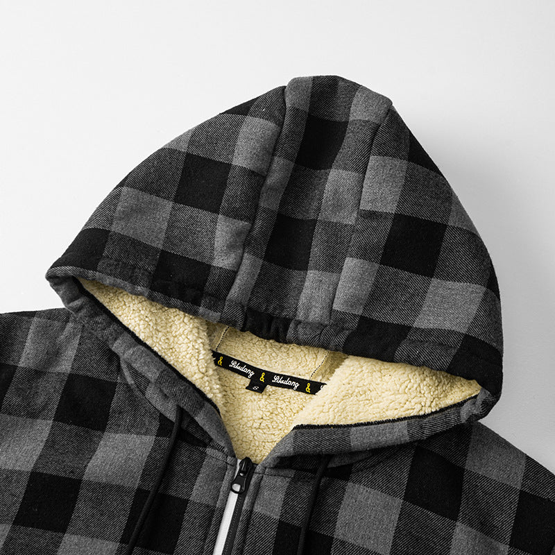 Herren karierter Teddy-Fleece Kapuzenjacke mit Sherpa-Futter und Reißverschluss – Taviero