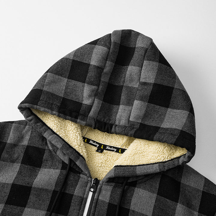 Herren karierter Teddy-Fleece Kapuzenjacke mit Sherpa-Futter und Reißverschluss – Taviero