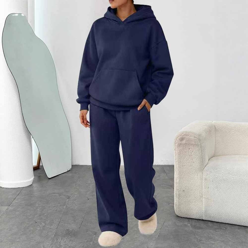 Damen zweiteiliges Freizeit-Lounge-Set mit Kapuzenpullover, Kängurutasche und gerader Loungehose aus weichem Baumwollmix – Auréline