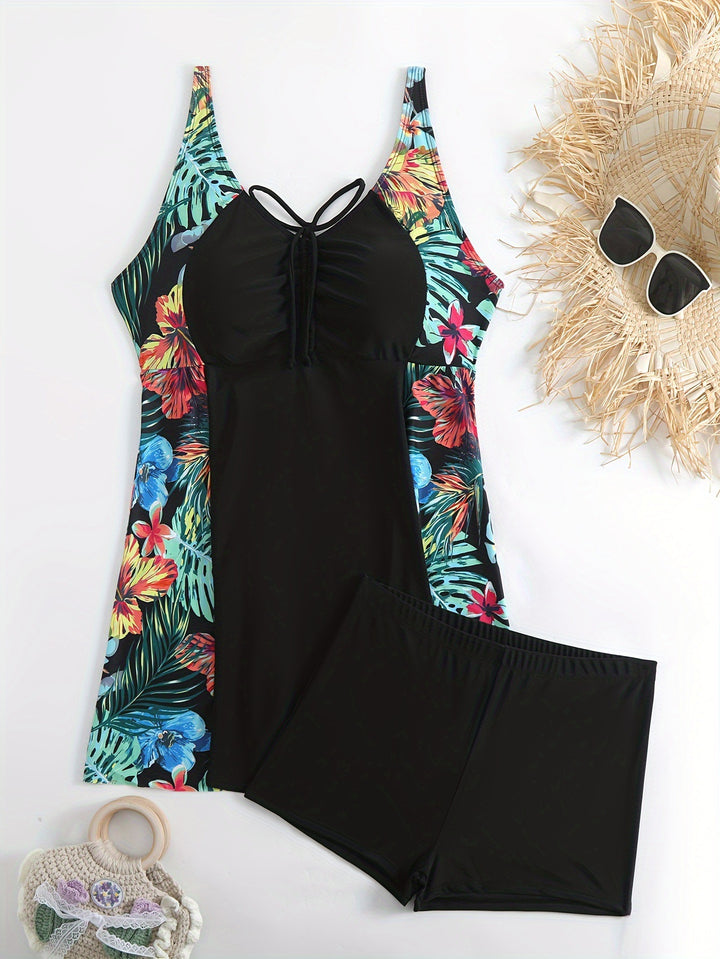 Damen Sportliches Badeanzug-Set mit floralem Seiteneinsatz Echo Archiv