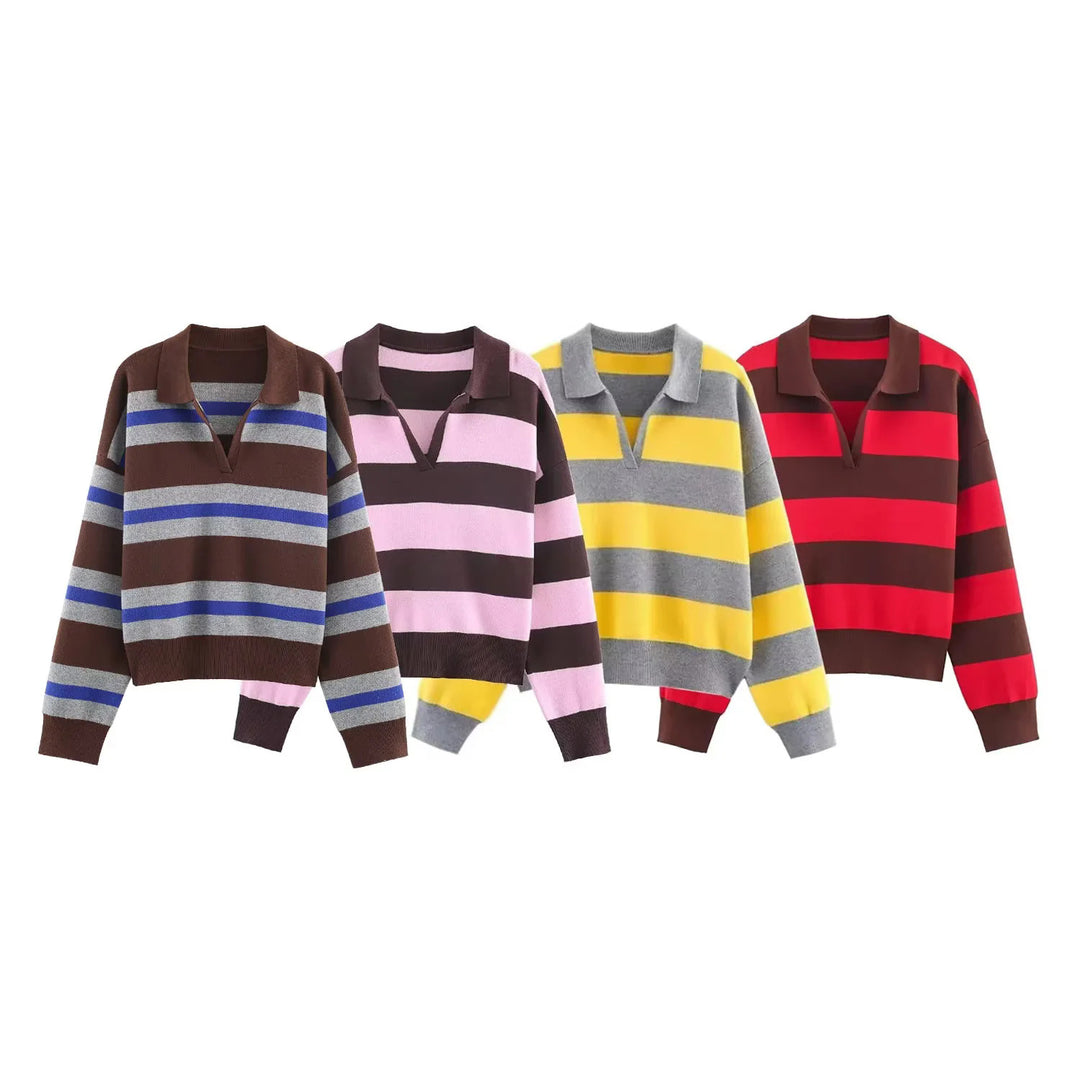 Damen nan oversized Rugby-Pullover mit Polokragen, V-Ausschnitt und breiten Streifen Echo Archiv