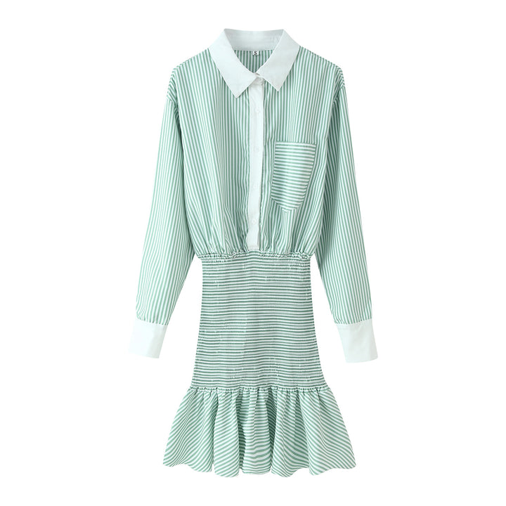 Damen Gestreiftes Hemdblusenkleid mit Taillen-Smokung, Schößchen und Kontrastkragen Echoarchiv