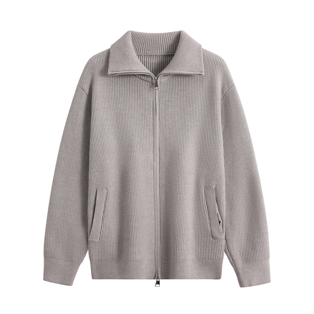 Herren Strick-Zipjacke mit Stehkragen, gerippter Struktur und Oversized-Schnitt Echoarchiv