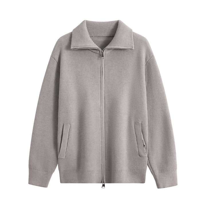 Herren Strick-Zipjacke mit Stehkragen, gerippter Struktur und Oversized-Schnitt Echoarchiv