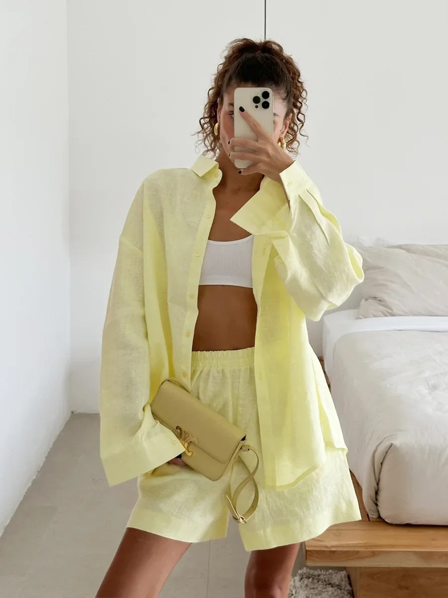 Damen lässige Leinenbluse und Shorts Set Echoarchiv