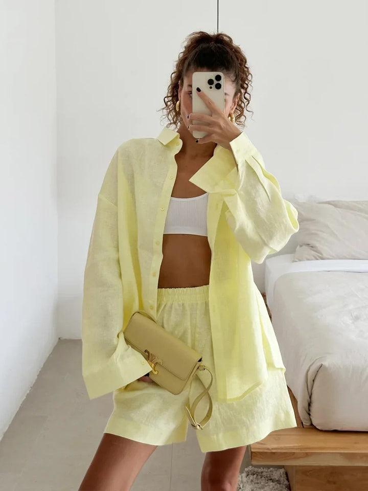 Damen lässige Leinenbluse und Shorts Set Echoarchiv