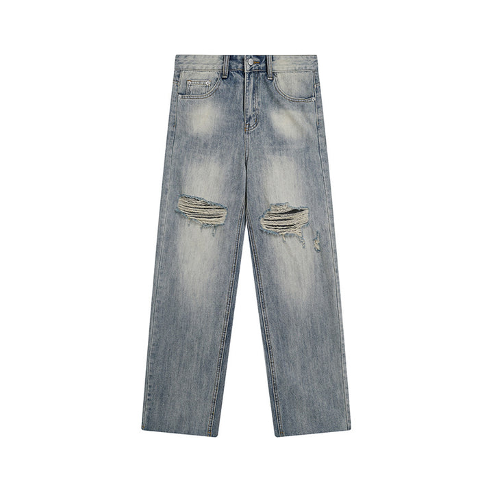 Damen Weite Destroyed-Jeans mit hoher Taille, geradem Bein und Knie-Rips Echoarchiv