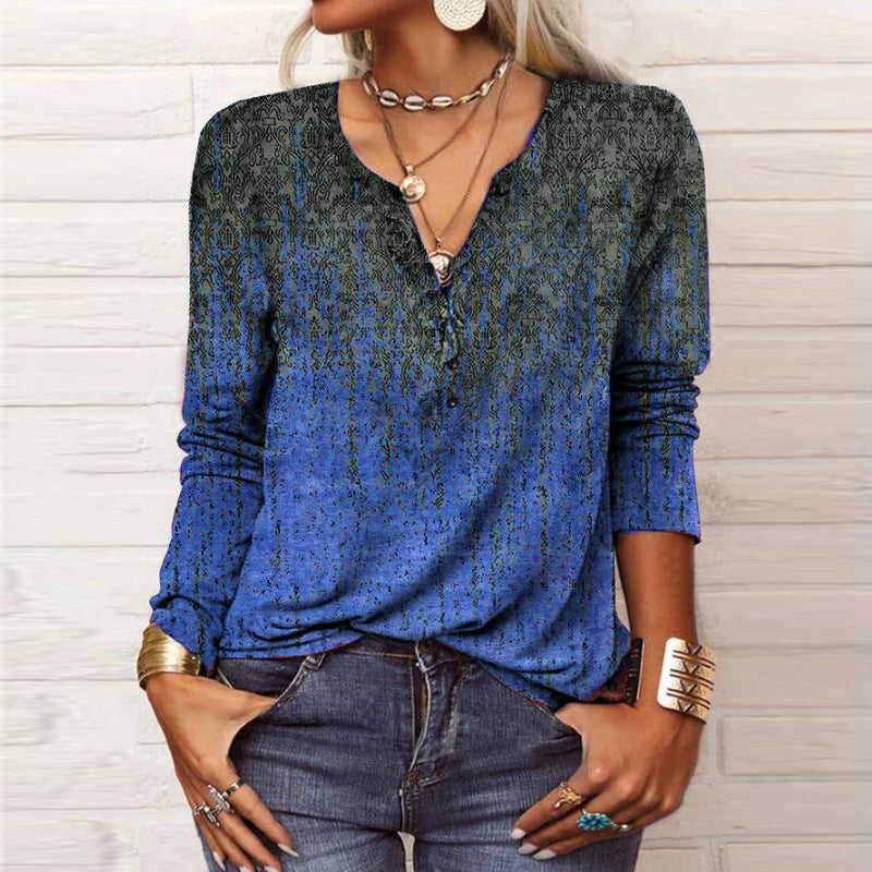 Damen Lockeres Langarm‑Henleyshirt mit V‑Ausschnitt, Knopfleiste und Ombre‑Print – Avérine