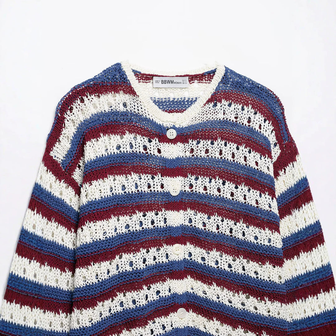 Damen gestrickte Cardigan im Ajour‑Streifenmuster mit Knopfleiste und Rundhalsausschnitt Echo Archiv