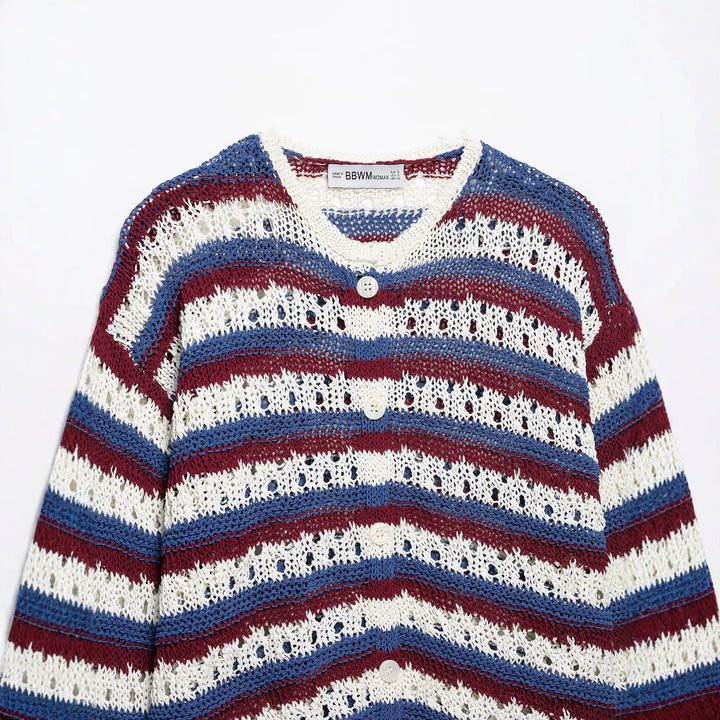 Damen gestrickte Cardigan im Ajour‑Streifenmuster mit Knopfleiste und Rundhalsausschnitt Echo Archiv