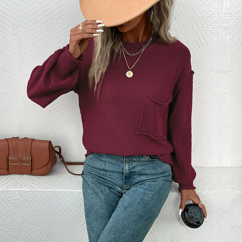 Damen Legerer Feinstrick-Pullover mit aufgesetzter Brusttasche und überschnittener Schulter – Mavelle