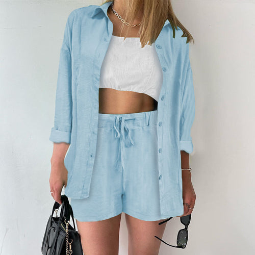 Damen Leinenoptik dreiteiliges Sommer-Lounge-Set mit Oversize-Hemd Cropped-Top und High-Waist-Shorts – Élanora