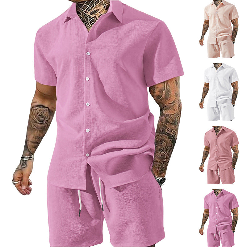 Herren nan Crinkle-Lounge-Set mit offenem Revershemd, integriertem Kurzarm-T-Shirt und Kordel-Bermuda Echo Archiv