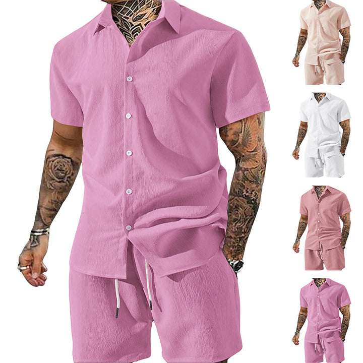 Herren nan Crinkle-Lounge-Set mit offenem Revershemd, integriertem Kurzarm-T-Shirt und Kordel-Bermuda Echo Archiv
