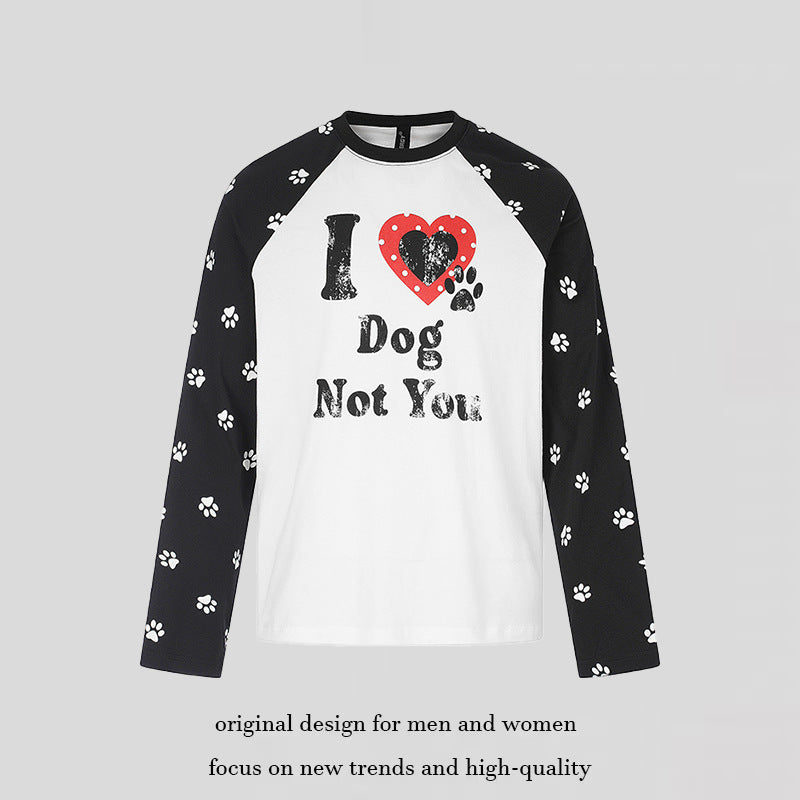 Damen Casual-Langarmshirt im Raglanstil mit Hunde-Pfotenmuster und Statement-Frontprint Echoarchiv