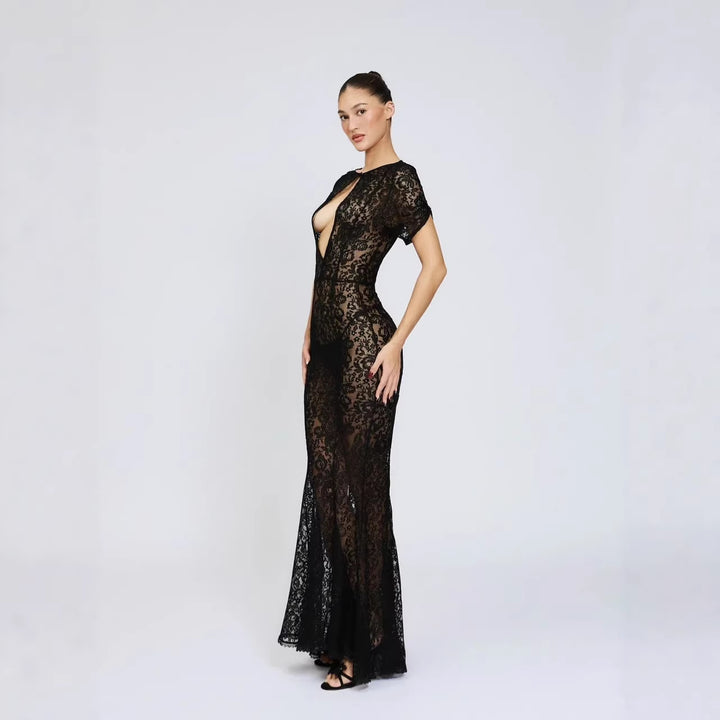 Damen Spitzenkleid mit tiefem Ausschnitt und ausgestelltem Schnitt Echo Archiv