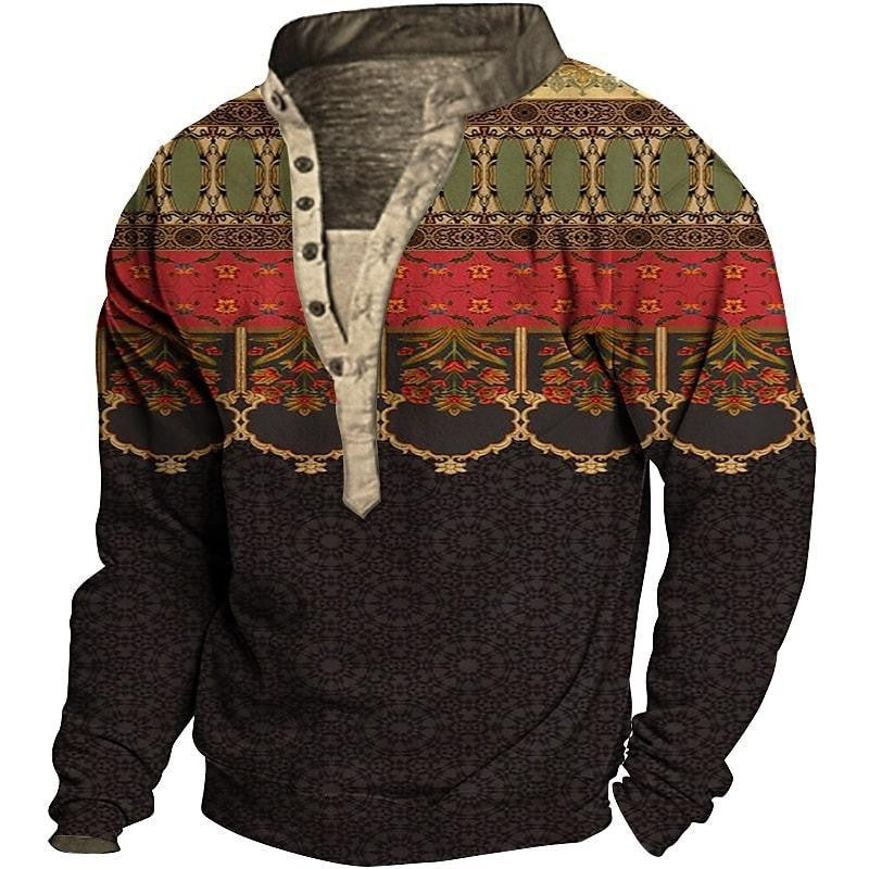 Herren Fleece-Pullover mit einzigartigem Ethno-Muster und praktischen Knopfdetails Echoarchiv