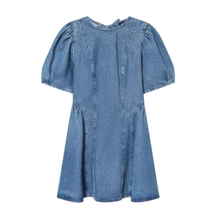 Damen Denim-Kleid mit Puffärmeln, Teilungsnähten und ausgestellter A-Linie Echoarchiv