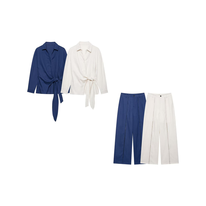 Damen Zweiteiliges Ensemble aus Wickelbluse mit Taillenschleife und weit geschnittener Leinenhose mit Zierstreifen Echo Archiv