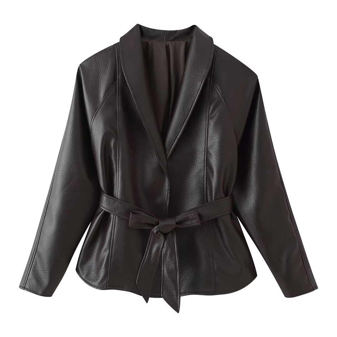 Damen Taillierter Bindegürtel-Lederblazer mit Schalkragen Echo Archiv