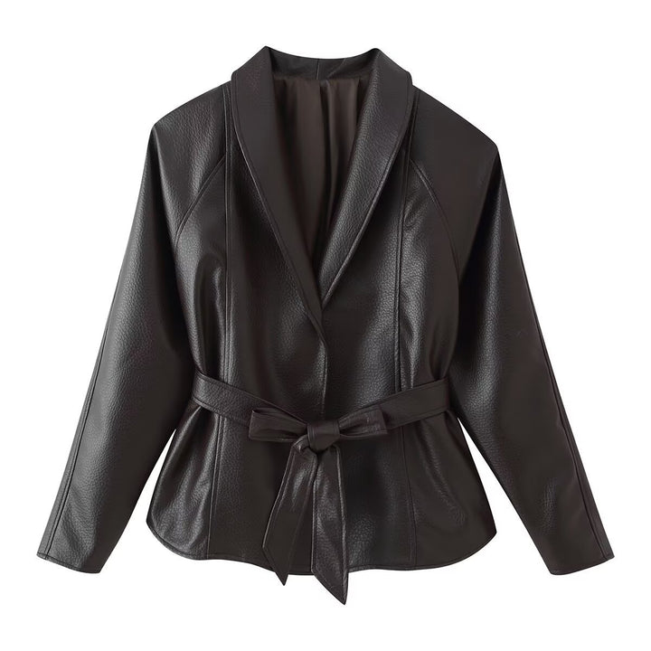 Damen Taillierter Bindegürtel-Lederblazer mit Schalkragen Echo Archiv