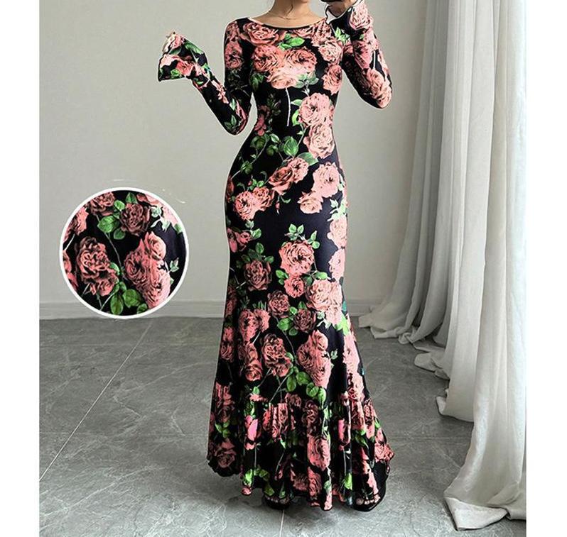 Damen nan eng anliegendes Maxikleid mit Meerjungfrauen-Schnitt, langen Glockenärmeln und Rüschensaum Echo Archiv