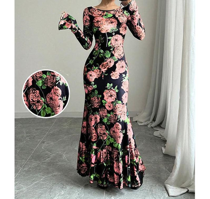 Damen nan eng anliegendes Maxikleid mit Meerjungfrauen-Schnitt, langen Glockenärmeln und Rüschensaum Echo Archiv