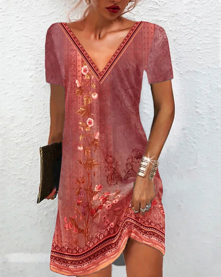 Frauen Floral V-Ausschnitt Tunika Kleid mit Border Print und langen Ärmeln – Lunéa