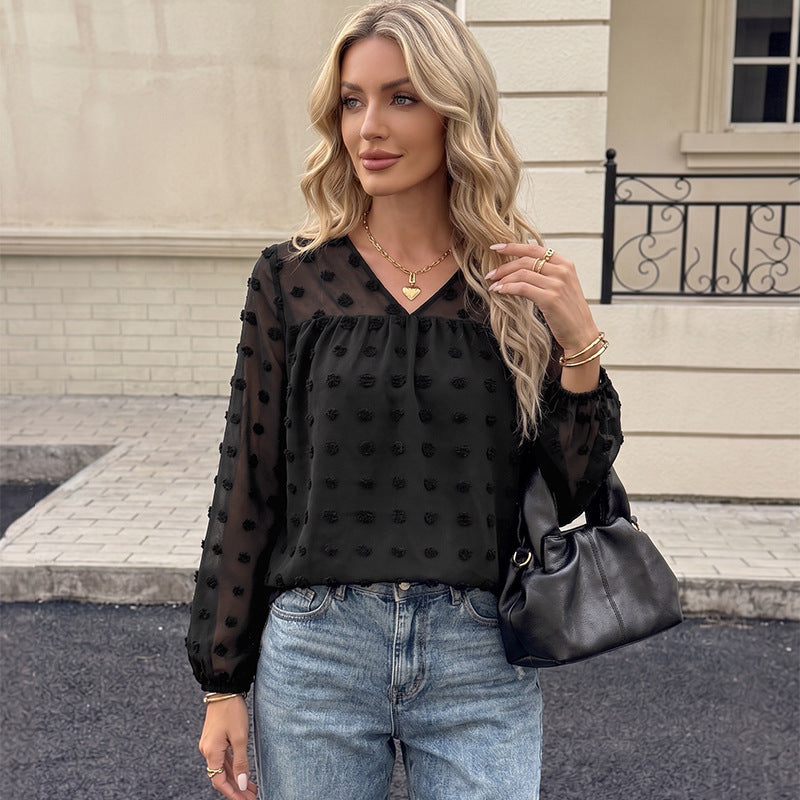 Damen Elegante Chiffonbluse mit 3D-Pompon-Applikation, V-Ausschnitt und elastischen Manschetten – Élovi