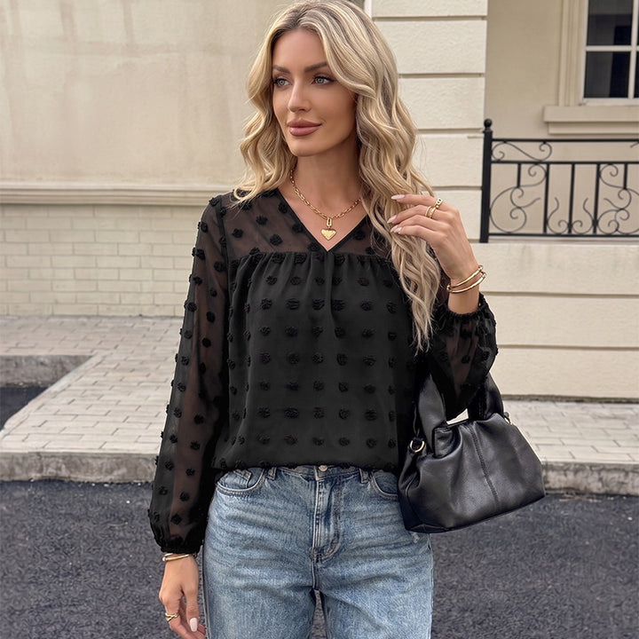 Damen Elegante Chiffonbluse mit 3D-Pompon-Applikation, V-Ausschnitt und elastischen Manschetten – Élovi