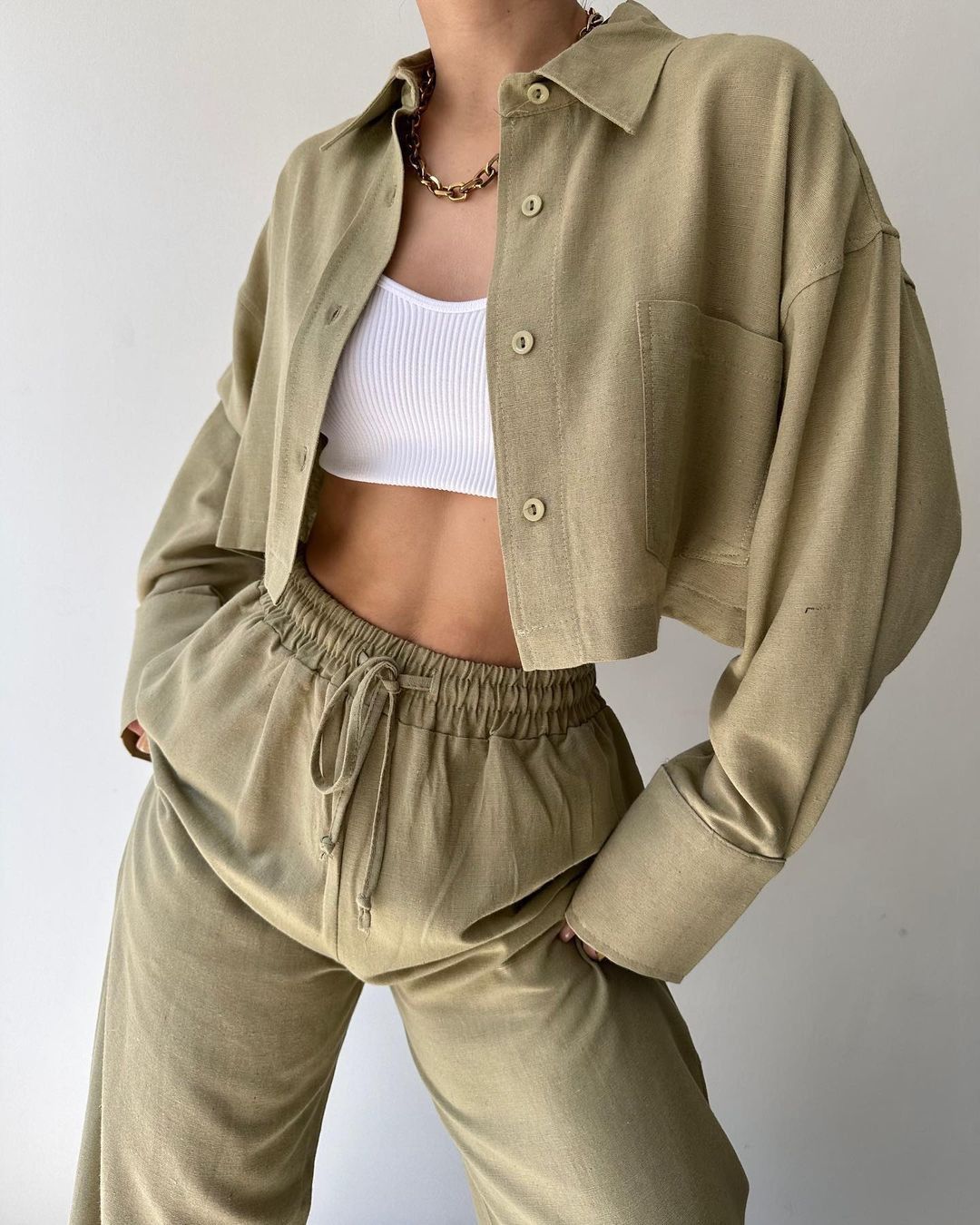 Damen Leinenoptik-Loungewear-Set mit Cropped-Overshirt und High-Waist-Tunnelzughose Echoarchiv