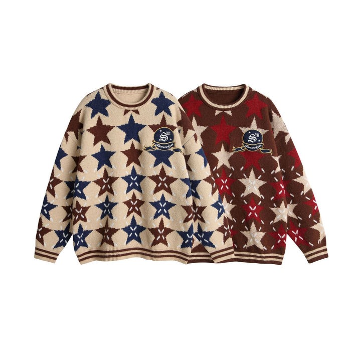 Unisex Grobgestrickter Oversize-Pullover mit Stern-Intarsien und gesticktem Logopatch Echoarchiv