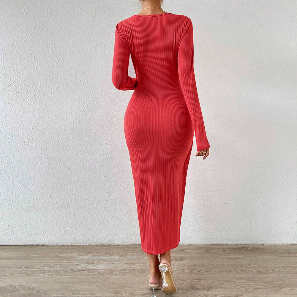 Damen gerafftes Maxikleid mit Knotendetail, figurbetonter Rippenstruktur und hohem Seitenschlitz – Valéora