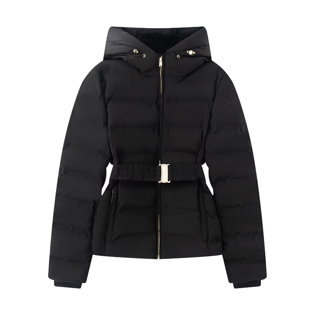 Damen Glänzende Daunenoptik-Steppjacke mit Kapuze und tailliertem Zugbandgürtel Echo Archiv