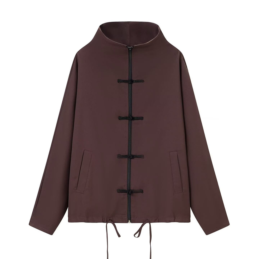 Damen leichte Boxy-Jacke mit Stehkragen, Zipper-Front, Kordelzug und dekorativen Knotenverschlüssen Echo Archiv