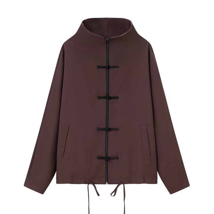 Damen leichte Boxy-Jacke mit Stehkragen, Zipper-Front, Kordelzug und dekorativen Knotenverschlüssen Echo Archiv