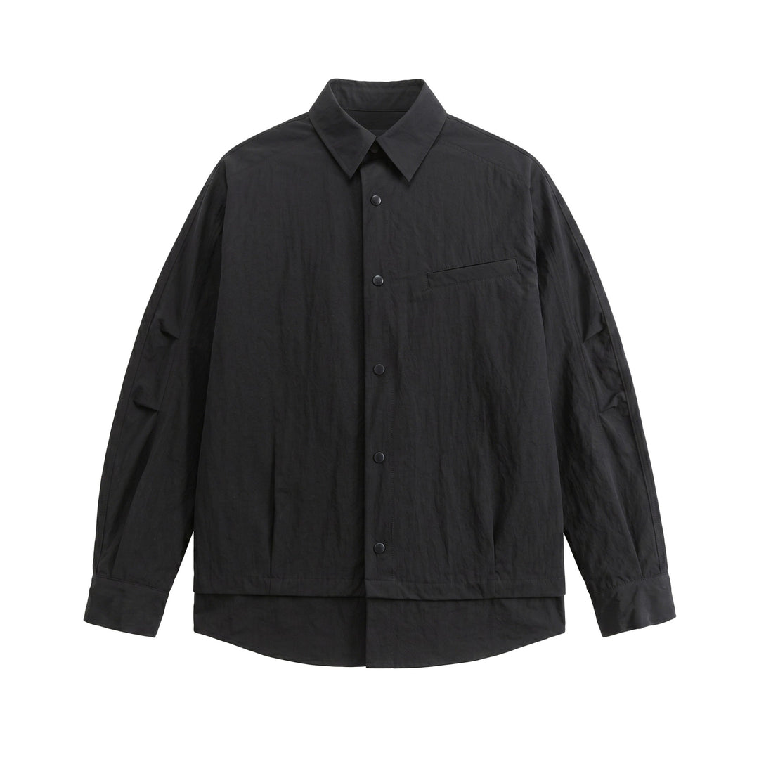 Unisex Oversize Hemdjacke mit Druckknöpfen, Kentkragen und Brust‑Welttasche Echoarchiv
