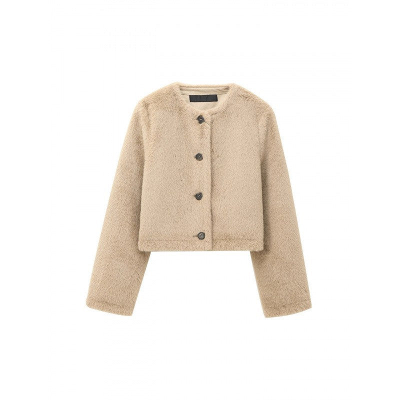 Damen Cropped Teddy‑Jacke mit geradem Saum, Rundhals und Hornknopfverschluss Echo Archiv