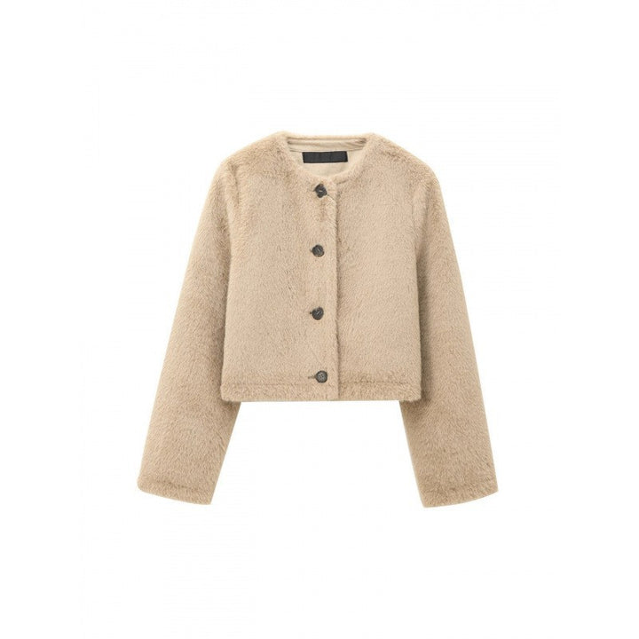 Damen Cropped Teddy‑Jacke mit geradem Saum, Rundhals und Hornknopfverschluss Echo Archiv