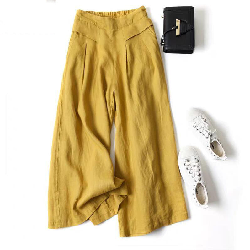 Damen Weit geschnittene Leinenhose mit hohem Bund und eleganten Falten Echoarchiv
