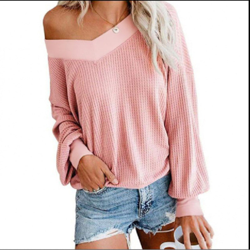 Damen Lockerer Waffelstrick-Pullover mit weitem Off-Shoulder-Ausschnitt und Oversize-Schnitt – Mavelle