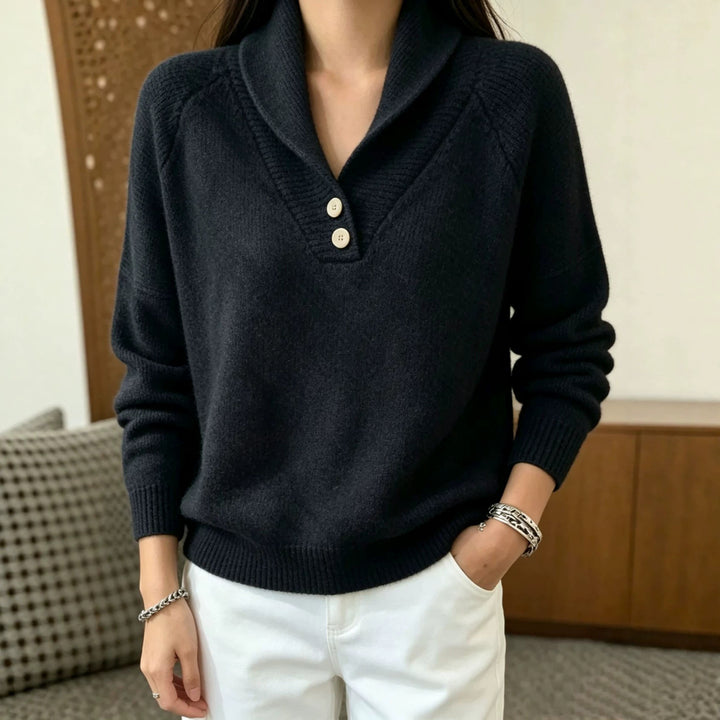 Damen Weicher Schalkragen‑Pullover mit halber Knopfleiste und Raglanärmeln – Mavelle