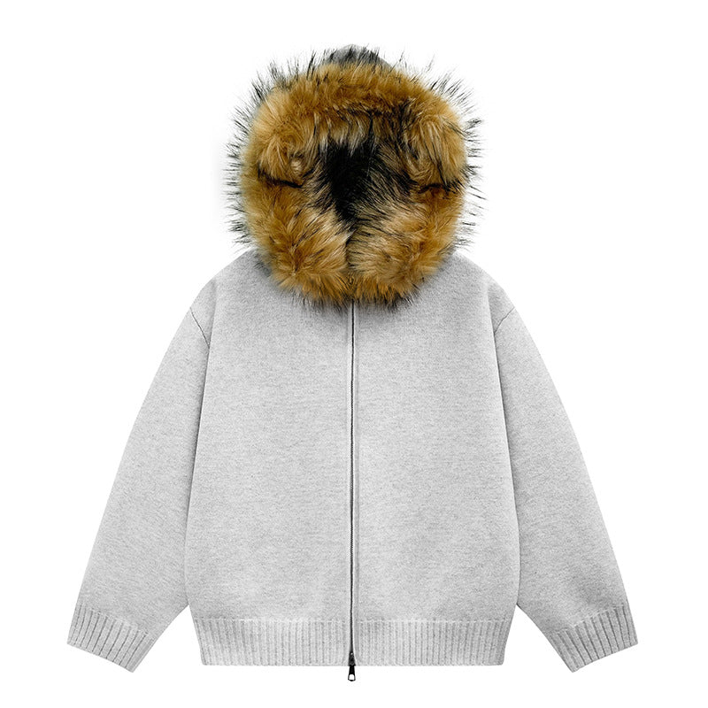 Damen Strick-Bomberjacke mit Kapuze und abnehmbarem Kunstfellbesatz Echoarchiv